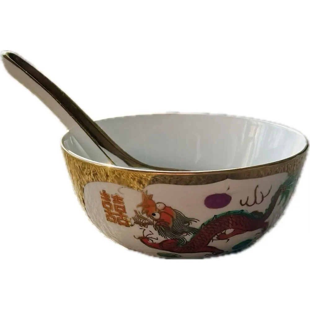 Vintage Rite Aid Chinese Dragon & Phoenix Bowl & Spoon Set‎